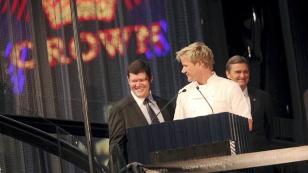 All smiles: Gordon Ramsay with  Crown boss James Packer and then-premier John Brumby at the opening of Crown Metropol in 2010.