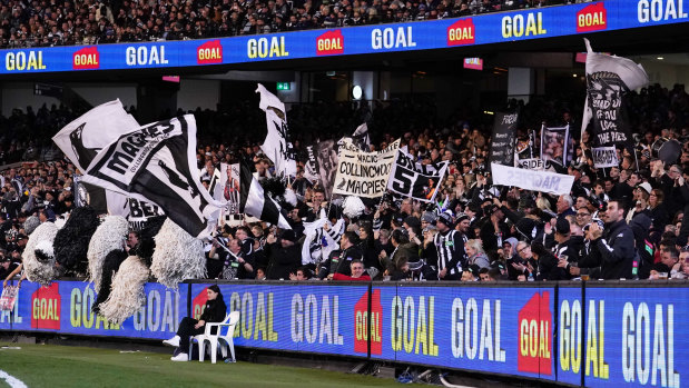 Birds of a feather: Magpies fans celebrate a goal against Geelong at the MCG on Friday night.
