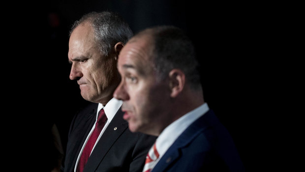 Then-NAB chairman Ken Henry (left) and Andrew Thorburn at the bank’s annual general meeting in 2018.