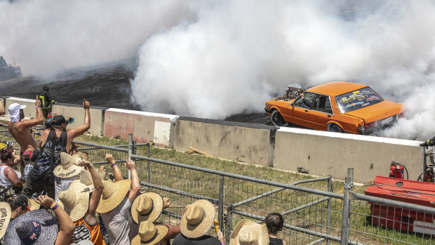 Action from the Summernats burnout championships on Sunday. 