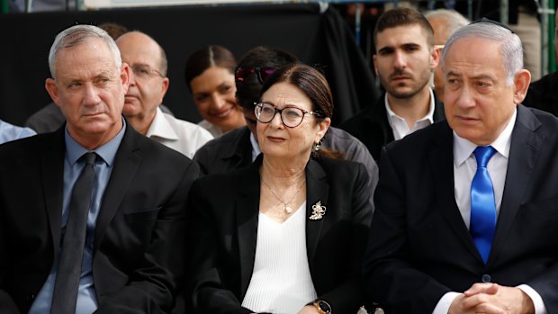 Blue and White party leader Benny Gantz, left, Esther Hayut, the Chief Justice of the Supreme Court of Israel, and Prime Minister Benjamin Netanyahu last week.