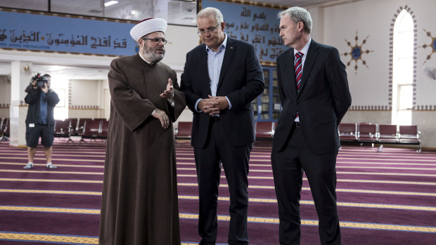 Prime Minister Scott Morrison visits the Lakemba Mosque with Immigration Minister David Coleman and Imam Shaykh Yahya Safi on Saturday