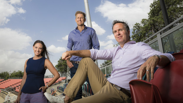 Fox Sports commentators Neroli Meadows, Mark Howard, and Michael Vaughan at Manuka oval on the eve of the test match between Australia and Sri Lanka. 