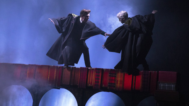 Sean Rees-Wemyss as Albus Potter, and Willam McKenna as Scorpius Malfoy, atop the Hogwarts Express in the Australian production of Harry Potter and the Cursed Child.