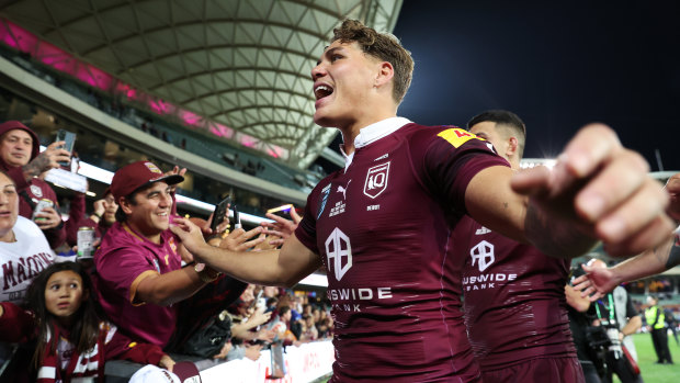 Reece Walsh celebrates Queensland’s game one win in Adelaide.