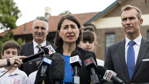 Premier Gladys Berejiklian and Education Minister Rob Stokes visit Concord Public School to talk about a mobile phone ban in Schools in Sydney.
