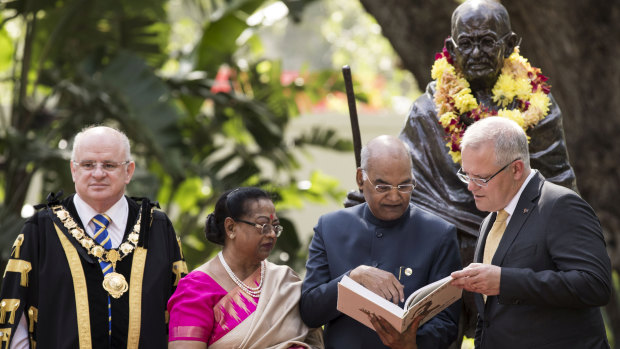 Mayor of Parramatta Andrew Wilson, First Lady Sovita Kovind, Indian President Ram Nath Kovind and Prime Minister Scott Morrison at the unveiling of a statue of Mahatma Gandhi at Jubilee Park in Parramatta.