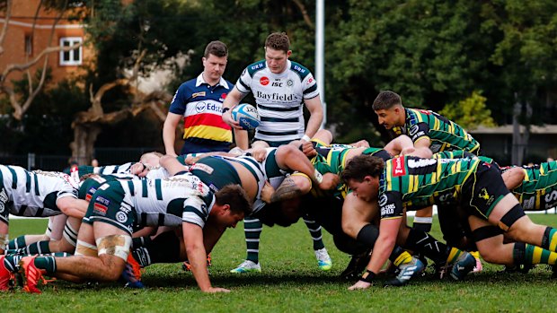 Warringah and Gordon pack down for a scrum at Chatswood Oval. 