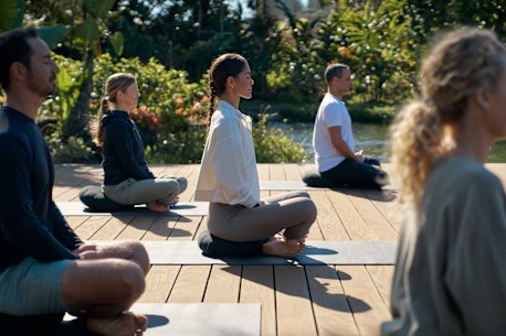 Morning yoga at Sensei Lanai, a Four Seasons Retreat, Hawaii.
