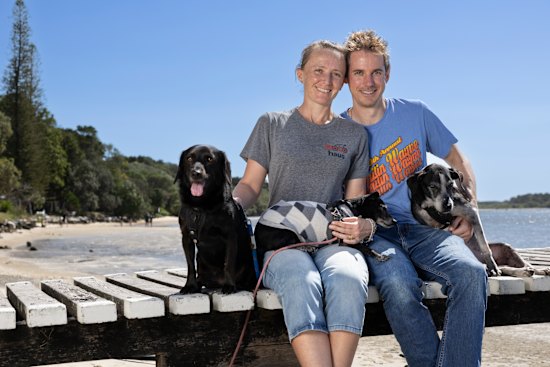 Stu and Janell Clarke with their three dogs (from left) Azra, Shadow and Weeti.