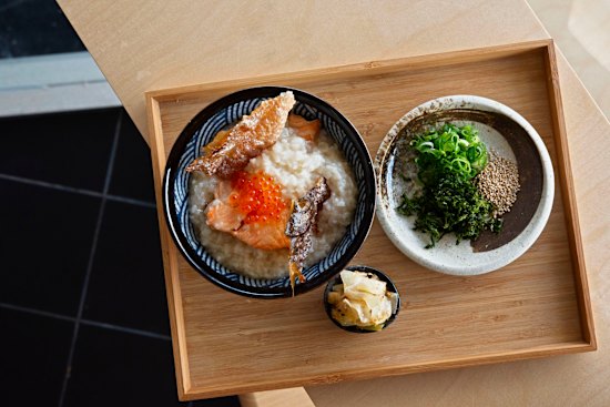 Grilled salmon congee. 