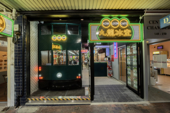 The tram at the Rowe Street shopfront in Eastwood.