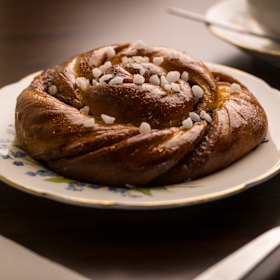 A cinnamon-and-cardamom bun with pearl sugar.
