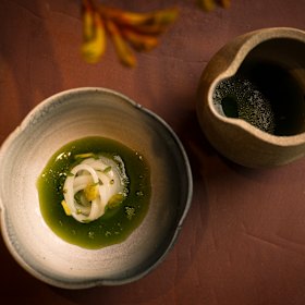 Squid, sliced into tender slivers, is bathed in a delicate broth of Thai basil and desert lime.