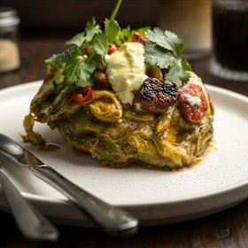 Eggs folded with herb pesto and chorizo.