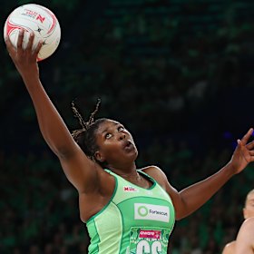 Romelda Aiken-George of the Fever receives a pass during the round one Super Netball match between West Coast Fever and Sunshine Coast Lightning at RAC Arena.