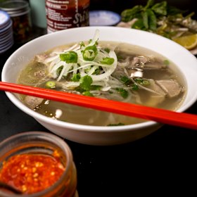 Rare beef flank and meatballs pho at Huu Huu Thanh inside Footscray Market.