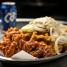 Fried chicken with sweet chilli glaze (left) and creamy onion.