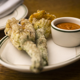 Zucchini flowers with romesco sauce.