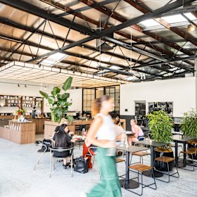 The warehouse dining room at Rosso Coffee Experience.