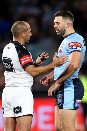 NSW captain James Tedesco questions referee Ashley Klein after the contentious scrum.