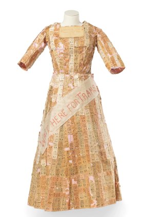 Dress, decorated with tram tickets. Cotton, paper. Made by Effie Bradshaw, Sydney, New South Wales, Australia, 1906. Powerhouse Museum.