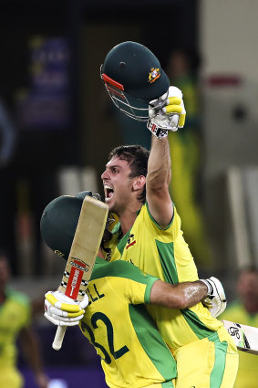 Australia’s Glenn Maxwell, left, and Mitchell Marsh celebrate after winning the Cricket Twenty20 World Cup final.