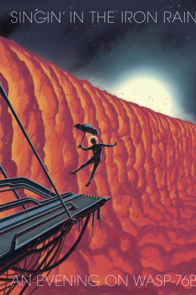 An illustration by Swiss graphic novelist Frederik Peeters titled "Singin' in the Iron Rain. An Evening on WASP-76b".