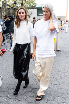 Baggy not daggy ... stylist Olivia Palermo (left) and fashion editor Sarah Harris at New York Fashion Week.