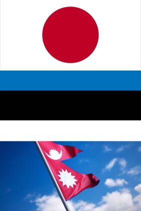 The flags of Japan, Estonia and Nepal.