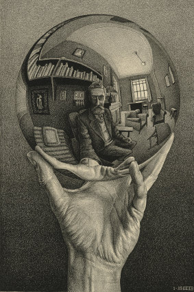 Escher's lithograph "Hand with reflecting sphere  (Self-portrait in spherical mirror)" from 1935. 