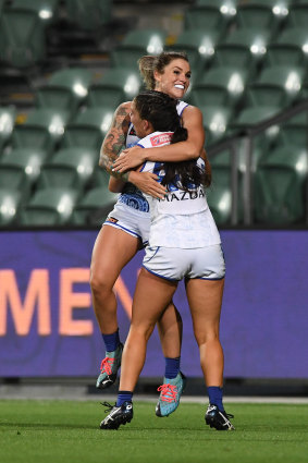 Sophie Abbatangelo celebrates a goal during the Kangaroos’ win over Carlton.