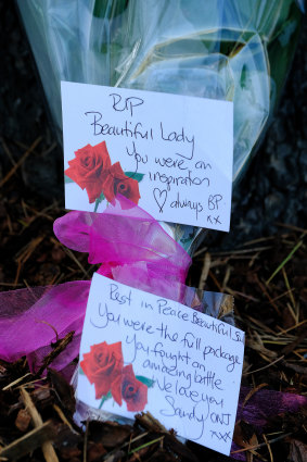 Flowers outside the Austin Hospital Olivia Newton-John Cancer Wellness and Research Centre on Tuesday.