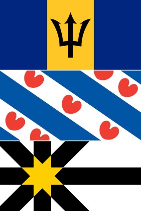 The flags of Barbados, Friesland (a province of the Netherlands) and Sutherland (a Scottish county).