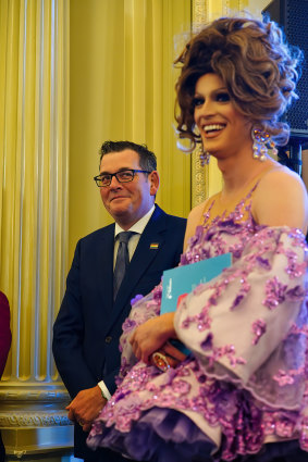 Premier Daniel Andrews stands beside drag queen Sam T, who was meant to host an event at Monash city council this month that was cancelled.