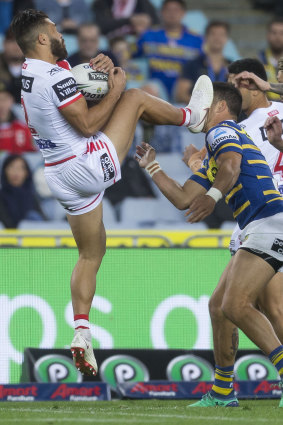 Painful blow: Jarryd Hayne is injured when he cops a foot in the face from Jordan Pereira.
