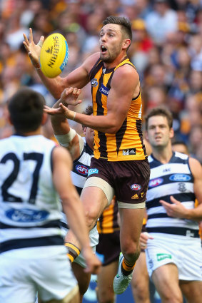 Jack Gunston in action against Geelong in 2015, the year they finally beat the Cats in an Easter Monday clash.