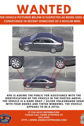 This Wanted poster by the Albuquerque Police Department shows a vehicle suspected of being used in the homicides of four Muslim men in Albuquerque.