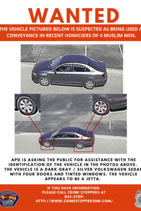 This Wanted poster by the Albuquerque Police Department shows a vehicle suspected of being used in the homicides of Muslim men in Albuquerque.