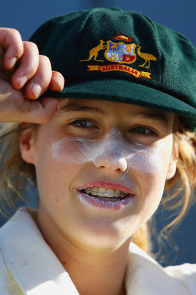 Ellyse Perry with her baggy green after the first day of her Test debut in 2008.