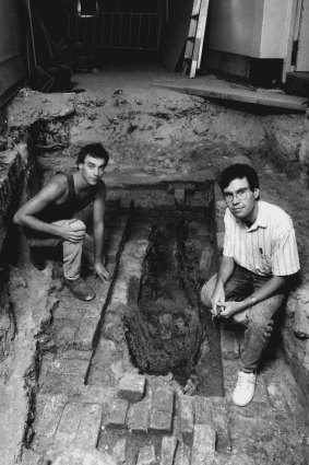 Sam Gore who discovered the grave while he was digging a trench under Town Hall together with archaeologist Tony Lowe (right).