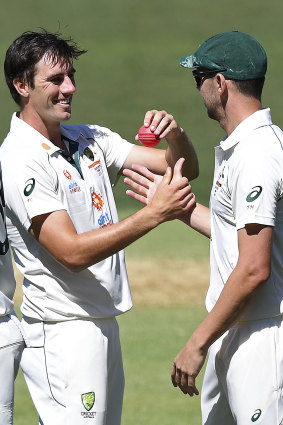 Josh Hazlewood, right, and Pat Cummins, left, had a day to remember in Adelaide. 