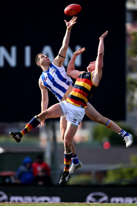 Beanpole North Melbourne ruckman Tristan xerri in action against Adelaide’s Riley O’Brien last season.