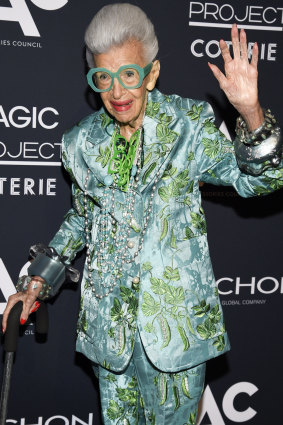 Superhero award recipient Iris Apfel attends the ACE (Accessories Council Excellence) Awards in New York, wearing one of her H&M outfits.