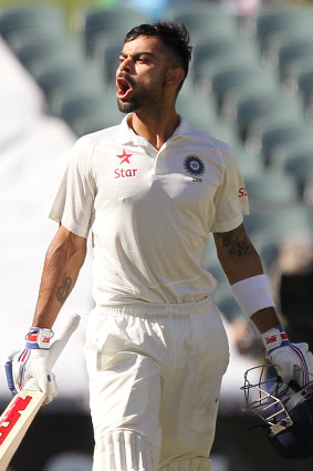 Coming of age: Kohli celebrates one of the two centuries in the 2014 Adelaide Test. 