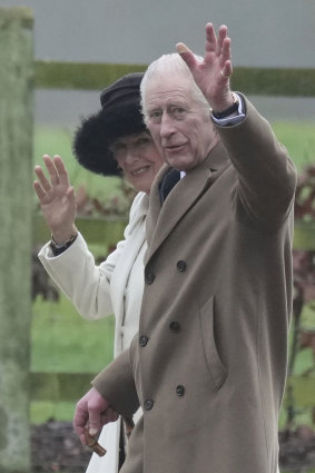 King Charles III and Queen Camilla wave to well-wishers after attending a Sunday church service at St Mary Magdalene Church in Sandringham.