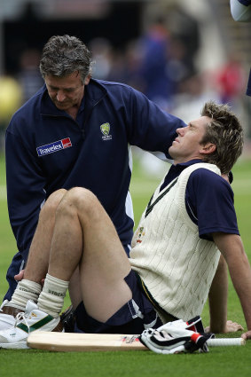 Glenn McGrath winces in pain 18 years ago at Edgbaston after injuring his ankle.