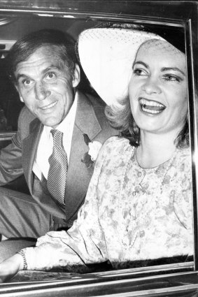 John and Caroline Laws drive away in his black Rolls Royce after their wedding in the tiny chapel in All Saints Church of England, Woollahra, in 1976.