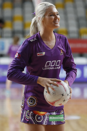 Gretel Tippett of Queensland wears a specially designed uniform for the inaugural Suncorp Super Netball Indigenous Round match against Melbourne at the Gold Coast Sports and Leisure Centre.