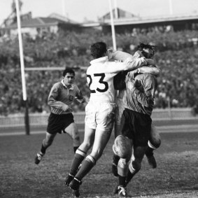 Head high tackle from England, Mike Sullivan (England No. 23) June 2, 1962.